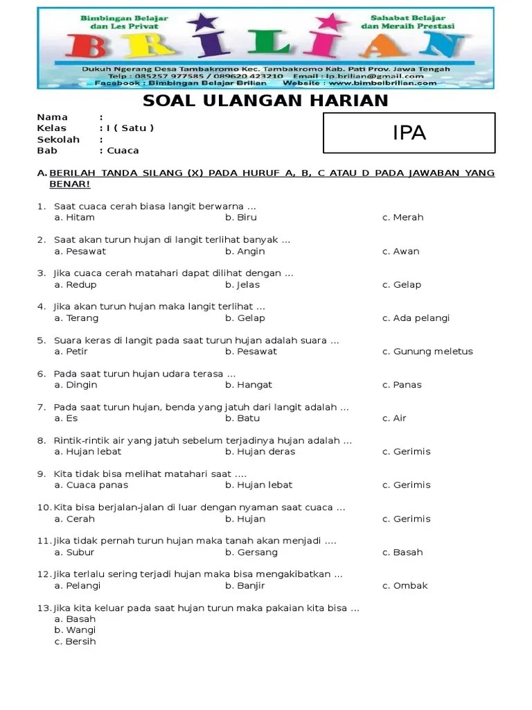 Soal IPA Kelas 1 SD Bab Cuaca Dan Kunci Jawaban | PDF