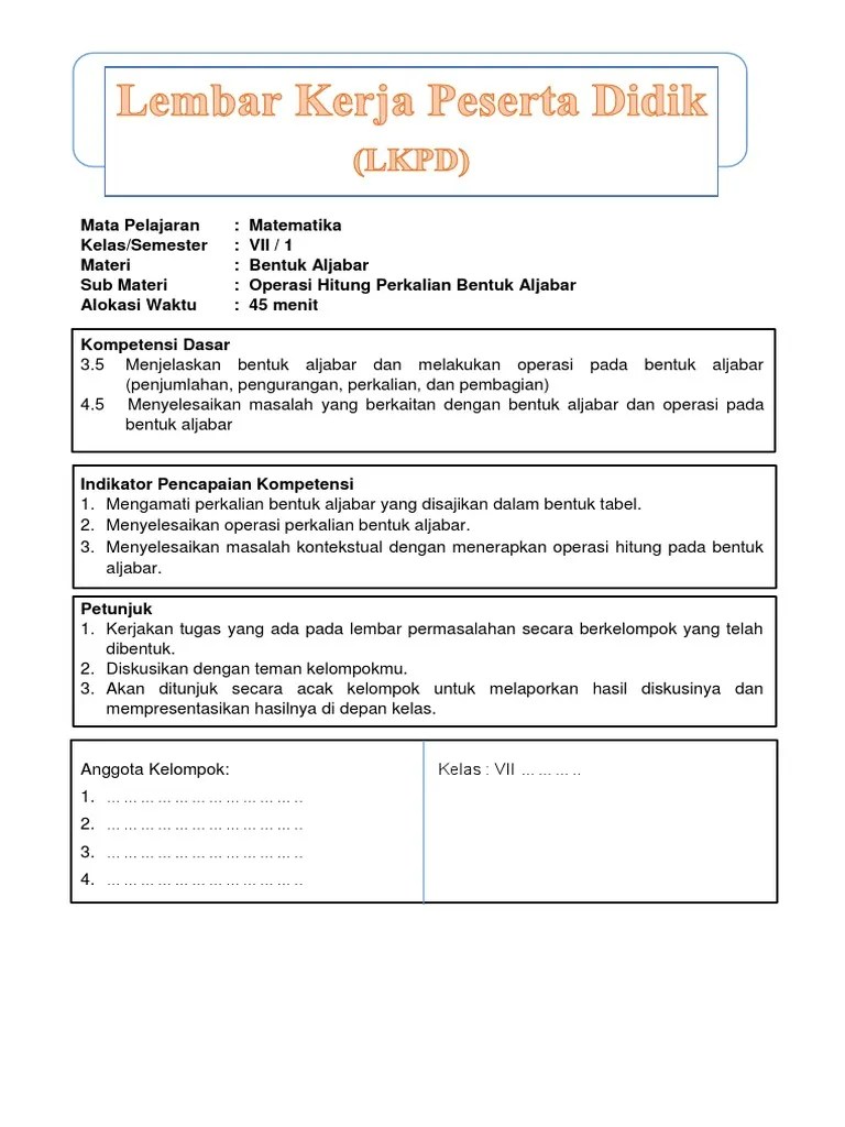 Lks pokok bahasan himpunan yang. LKPD Bentuk Aljabar Perkalian Dan Pembagian