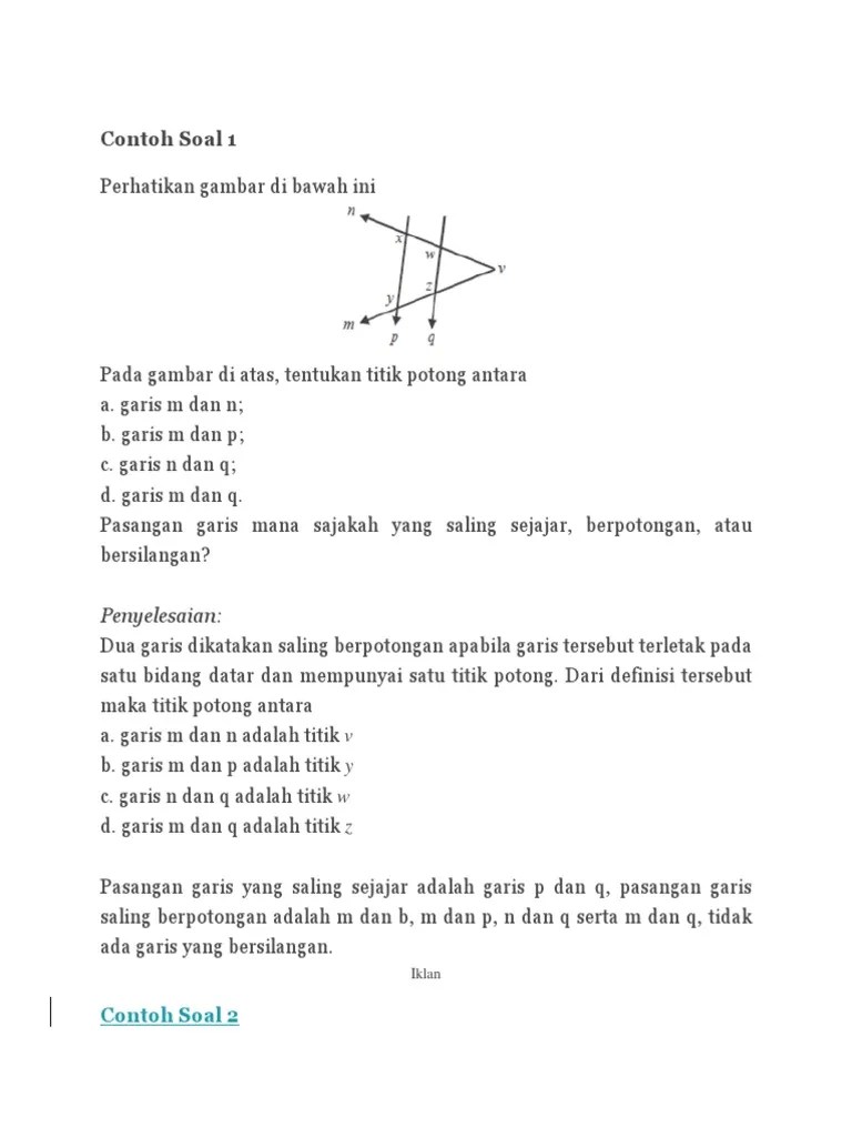 Pasangan garis mana sajakah yang saling sejajar, berpotongan, atau bersilangan? Contoh Soal Kedudukan Garis Pdf