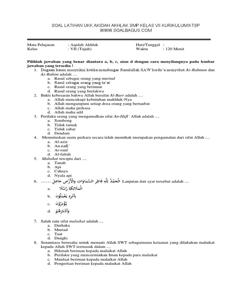 Soal Ukk Akidah Akhlaq Kelas 7 Plus Kunci Jawaban Ktsp Contoh Soal Ujian Akhir Semester Ganjil Aqidah Akhlak Mts Kelas 7 Serta Kunci Jawaban Terbaru.
