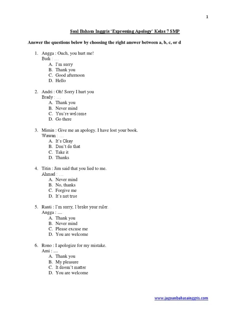 Some people usually place frying pan, stove, knife and plates in . Soal Bahasa Inggris Expressing Apology Kelas 7 Smp Pdf