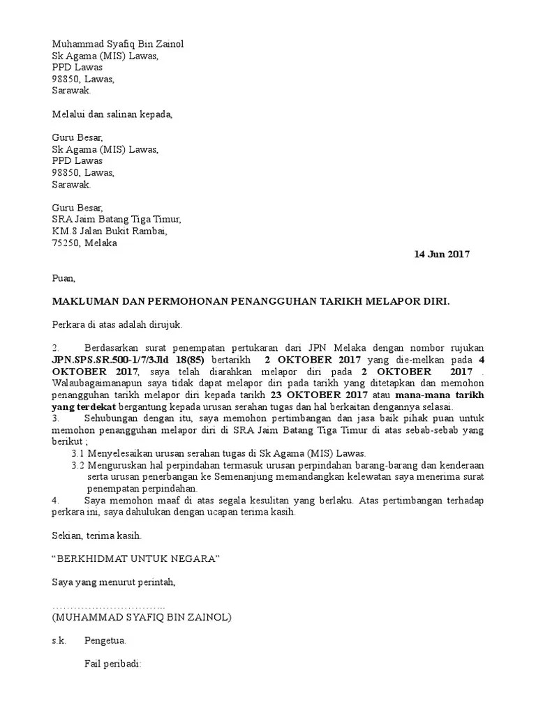 7/18/2019 contoh surat penangguhan lapor diri 1/3contoh surat penangguhan lapor diri(kepadaketua jabatan yang baharu)tuan,pemberitahu pertukaran (nama . Surat Tangguh Lapor Diri Pdf