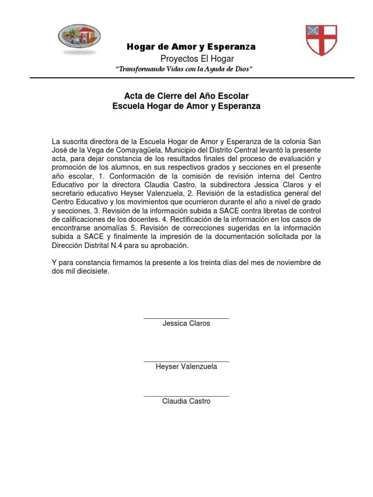Acta De Cierre Del Año Escolar | PDF