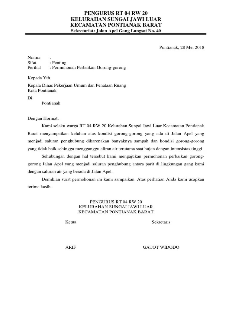Rt 02 rw 05 kelurahan sukmajaya kecamatan sukmajaya kota depok tahun 2015. Surat Permohonan Perbaikan Gorong Gorong Pdf