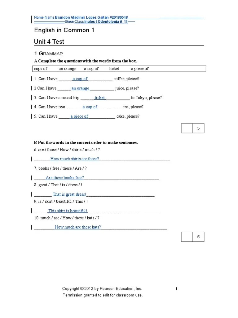 English In Common 1 Unit 4 Test: A Complete The Questions With The Words From The Box | PDF