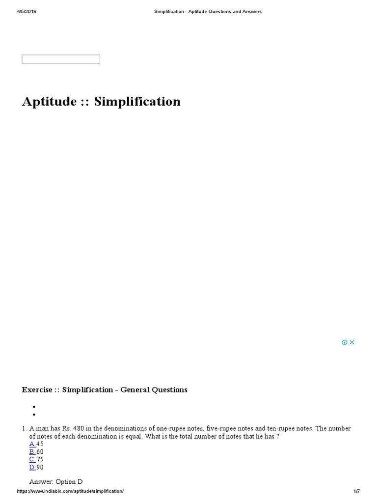 Aptitude:: Simplification: Exercise:: Simplification - General ...