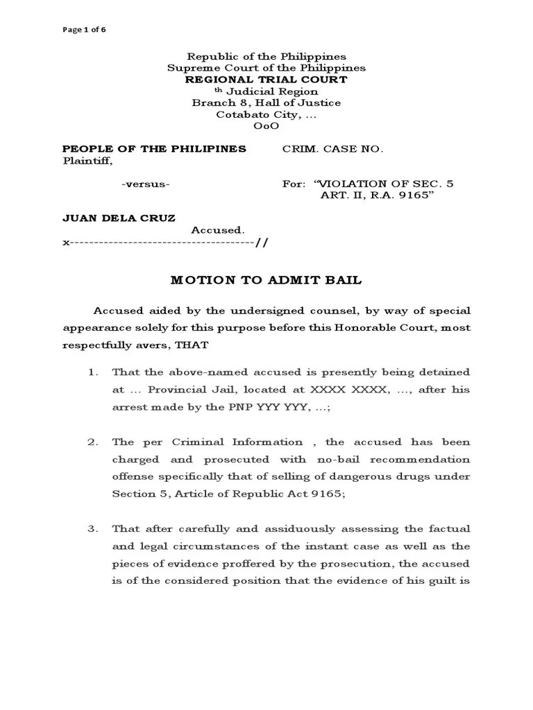 Motion To Admit Bail: Regional Trial Court
