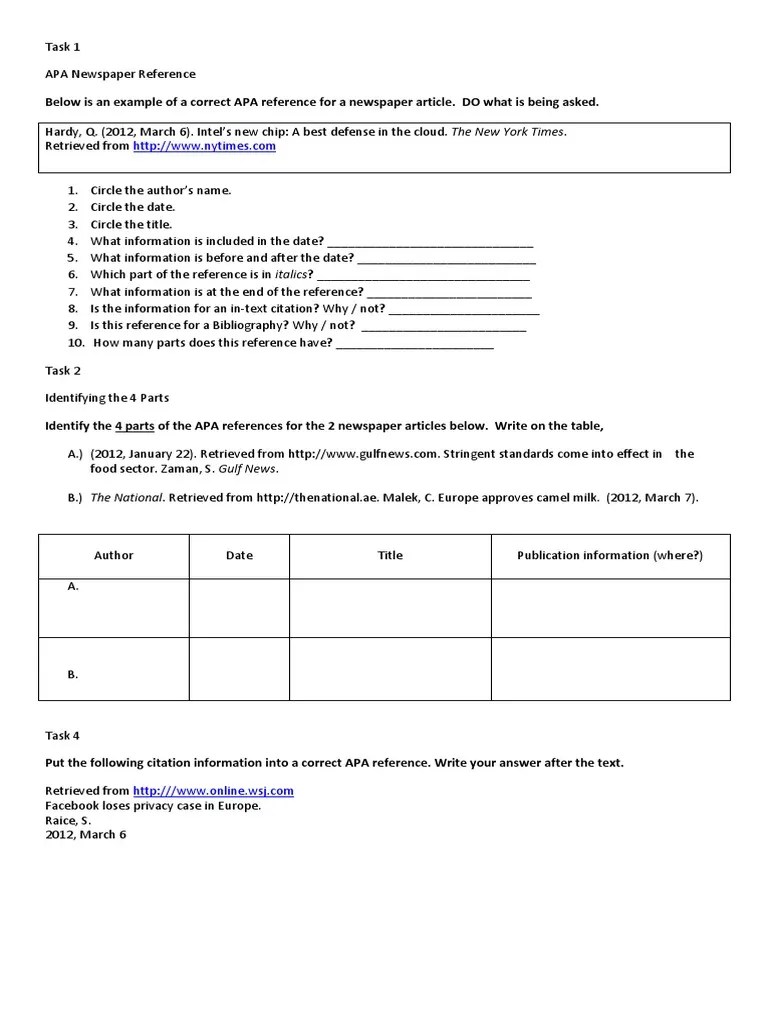 Identify the main parts of a newspaper. Apa Worksheet Pdf