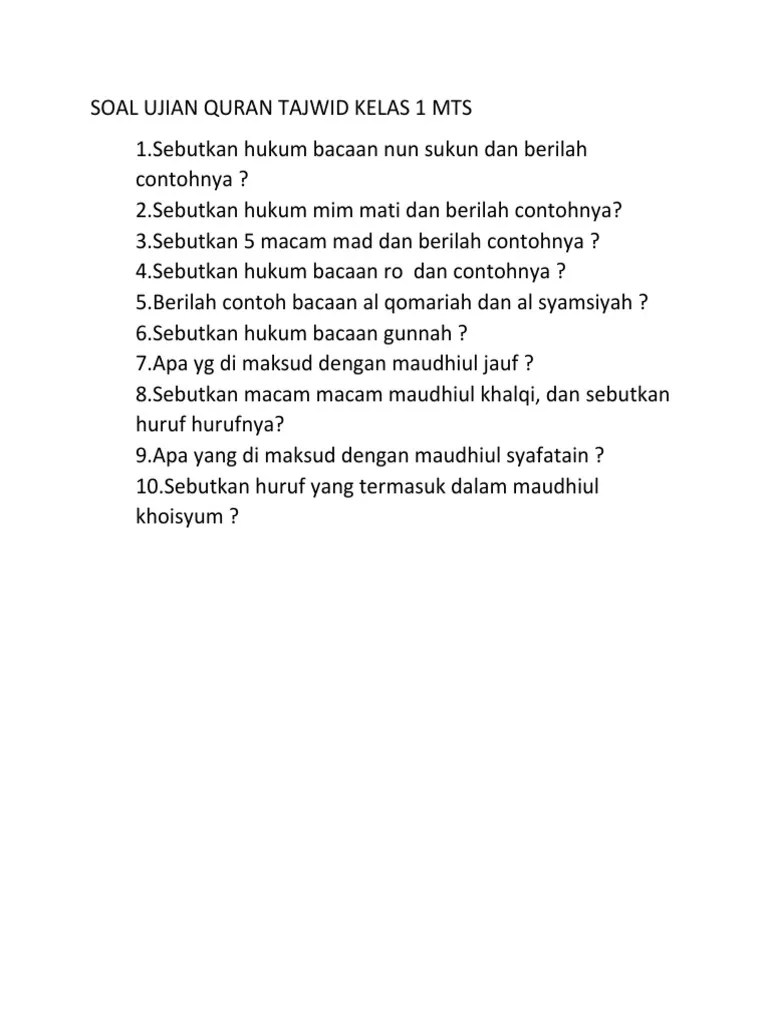 Soal Ujian Quran Tajwid Kelas 1 Mts | PDF