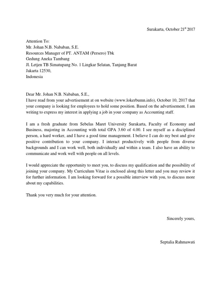 Contoh surat lamaran kerja untuk fresh graduate. Contoh Surat Lamaran Kerja Bahasa Inggris Untuk Fresh Graduate Pdf