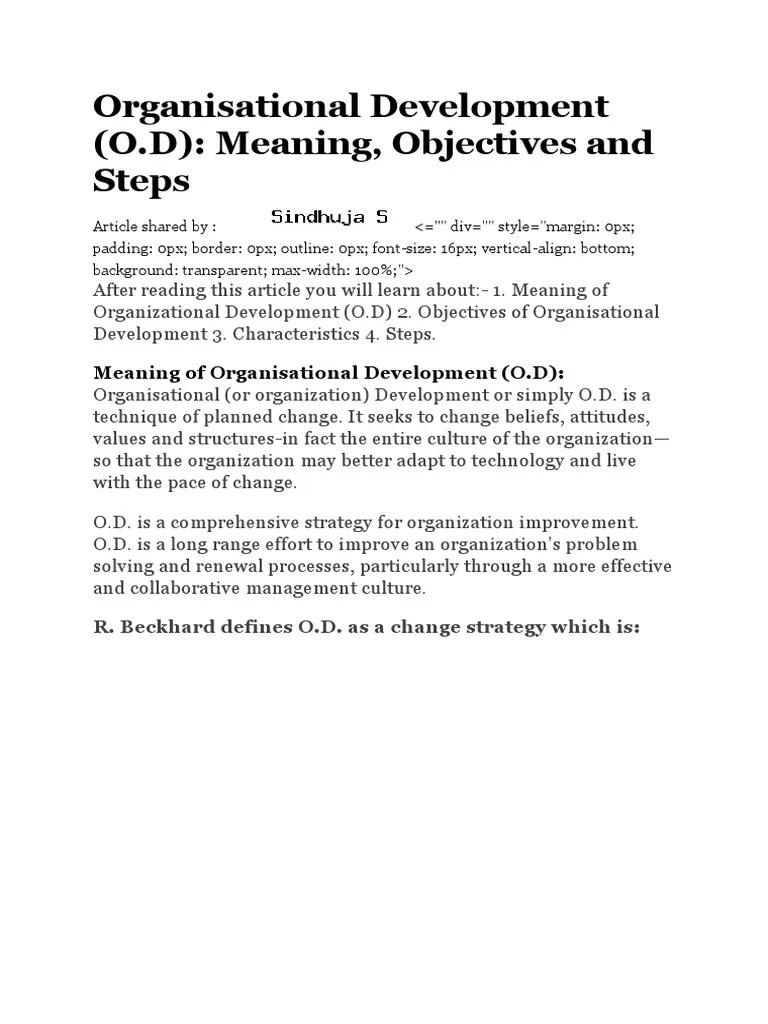Organisational Development (O.D) : Meaning, Objectives And Steps | PDF