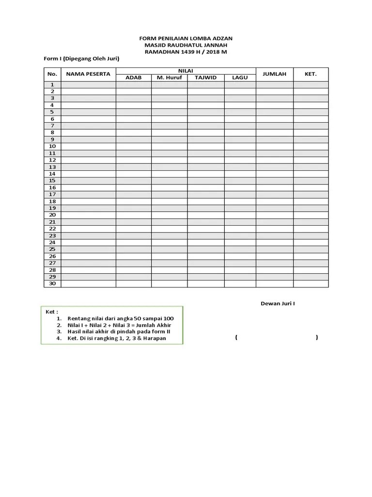 Format penilaian lomba nasyid acapella. Form Penilaian Lomba Adzan Pdf