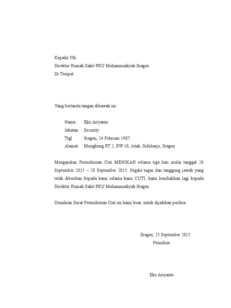 Untuk mendapatkan file surat permohonan izin cuti kerja bagi karyawan yang tidak diproteksi dan bebas untuk diedit, silahkan anda kunjungi situs kami. 30 Karyawan Contoh Surat Izin Cuti Menikah Background