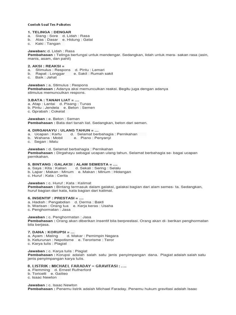 Ini contoh soal dan tips jawab soal psikotes seleksi kerja. Soal Tes Kejiwaan Di Rumah Sakit Jawabanku Id