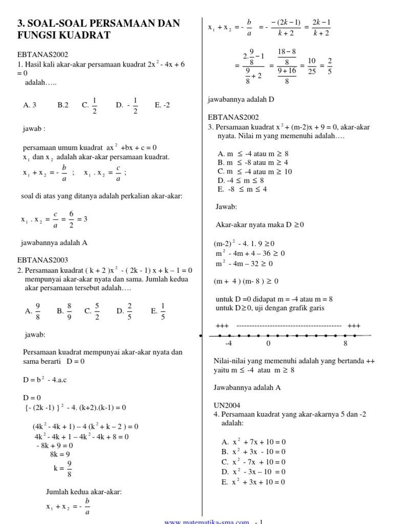 Soal Matematika Smp Kelas 9 Persamaan Kuadrat 