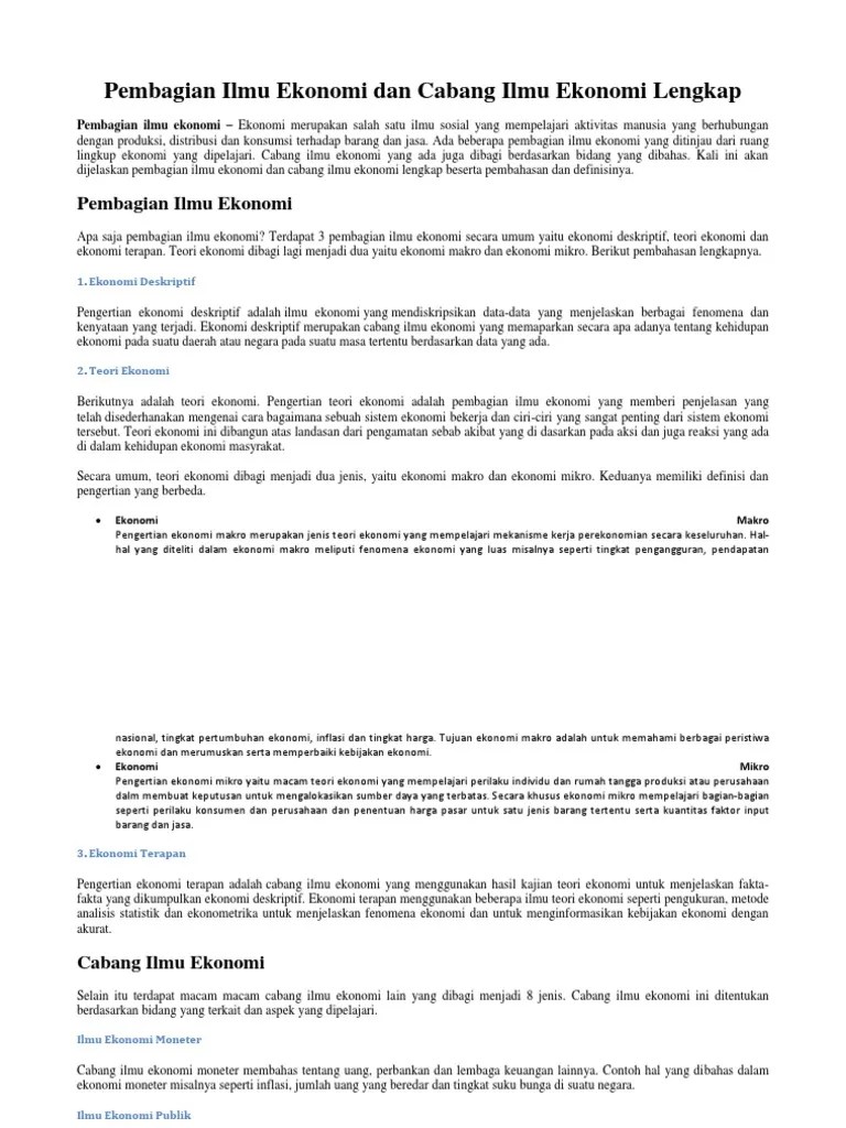 Pembagian Ilmu Ekonomi Dan Cabang Ilmu Ekonomi Lengkap | PDF