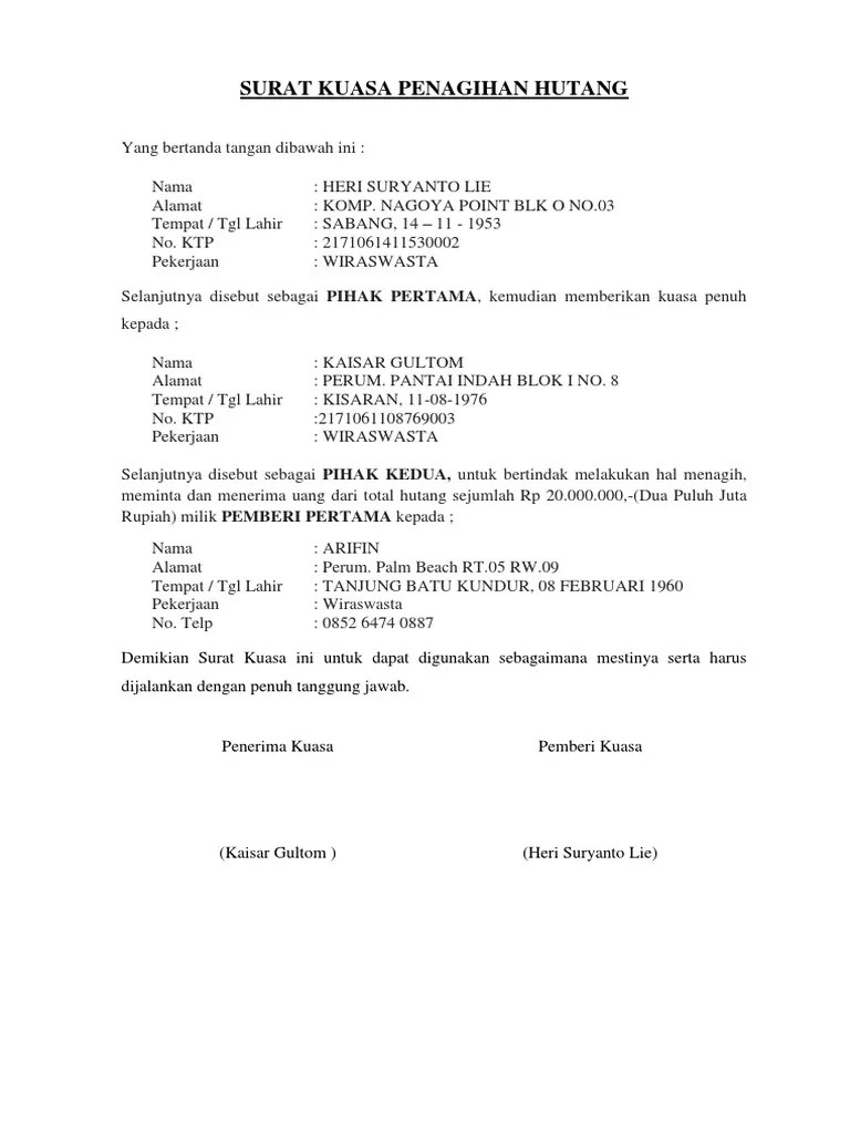 Contoh Surat Kuasa Penagihan Hutang Perorangan | PDF