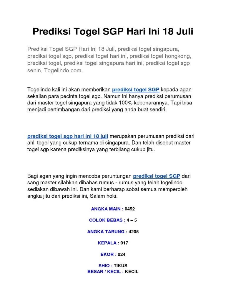 Bocoran sgp , prediksi sgp atau prediksi singapore 100% jitu 2d untuk keluaran. Prediksi Togel Sgp Hari Ini 18 Juli Pdf
