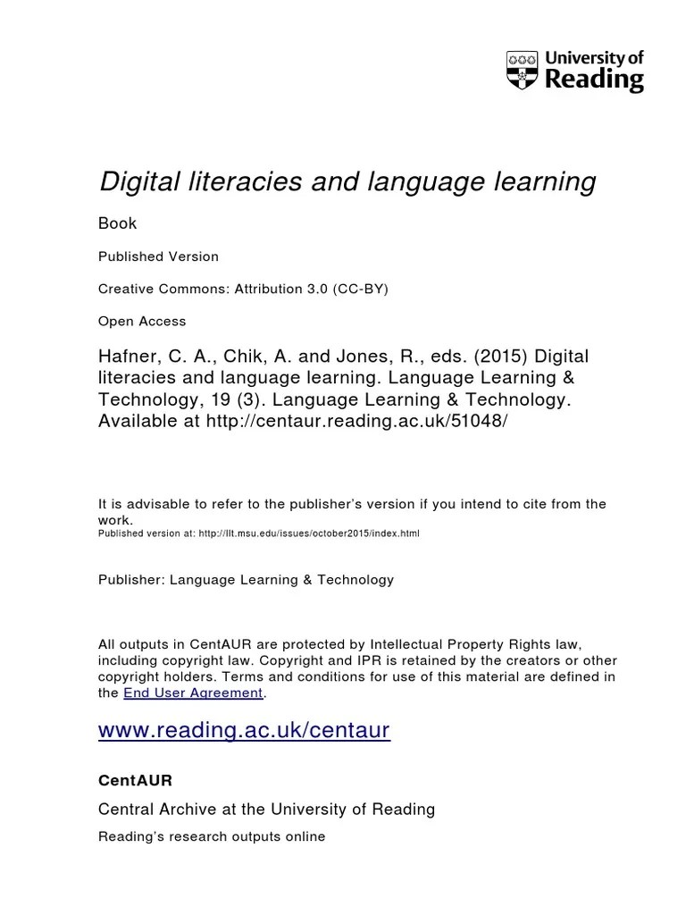 Digital Literacies And Language Learning: WWW - Reading.ac - Uk/centaur | PDF | Literacy | Learning