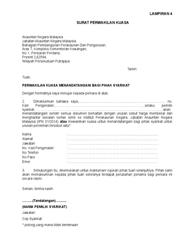 Surat ikatan) b) nama pemilik harta. Surat Wakil Pdf