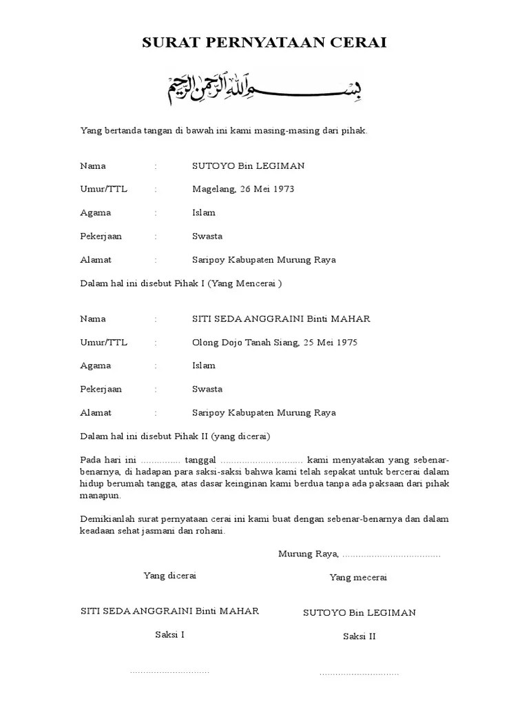 Syarat mengajukan permohonan / gugatan perceraian. 47 Contoh Surat Cerai Bermaterai Kumpulan Letter