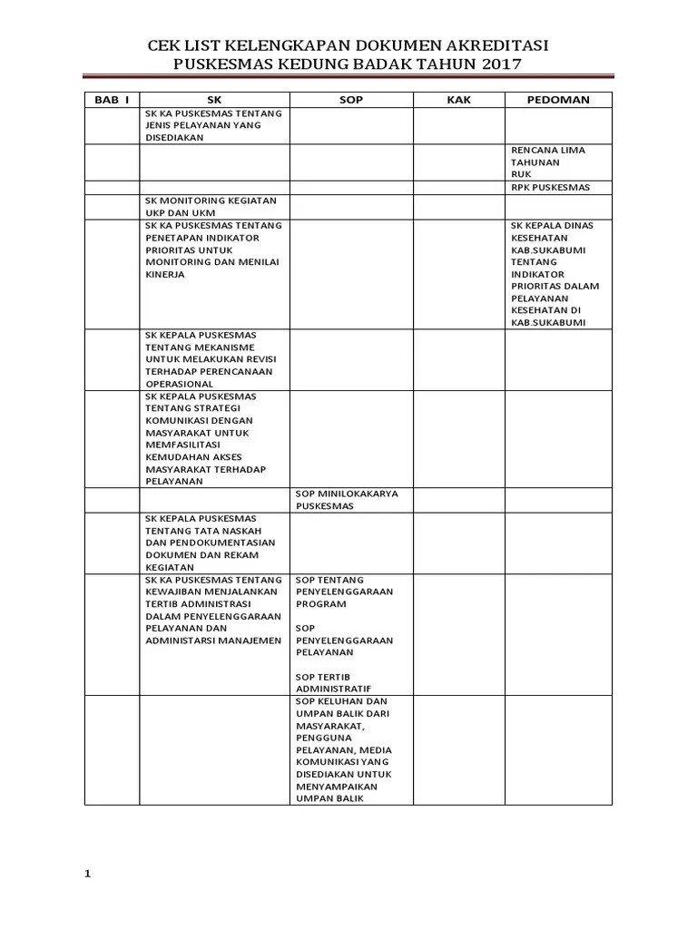 Penyiapan dokumen akreditasi sebagai salah satu persyaratan re akreditasi: Cek List Dokumen Akreditasi Puskesmas Pdf
