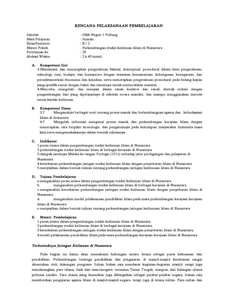 RPP SEJARAH WAJIB KELAS X Pertemuan Ke 28 | PDF