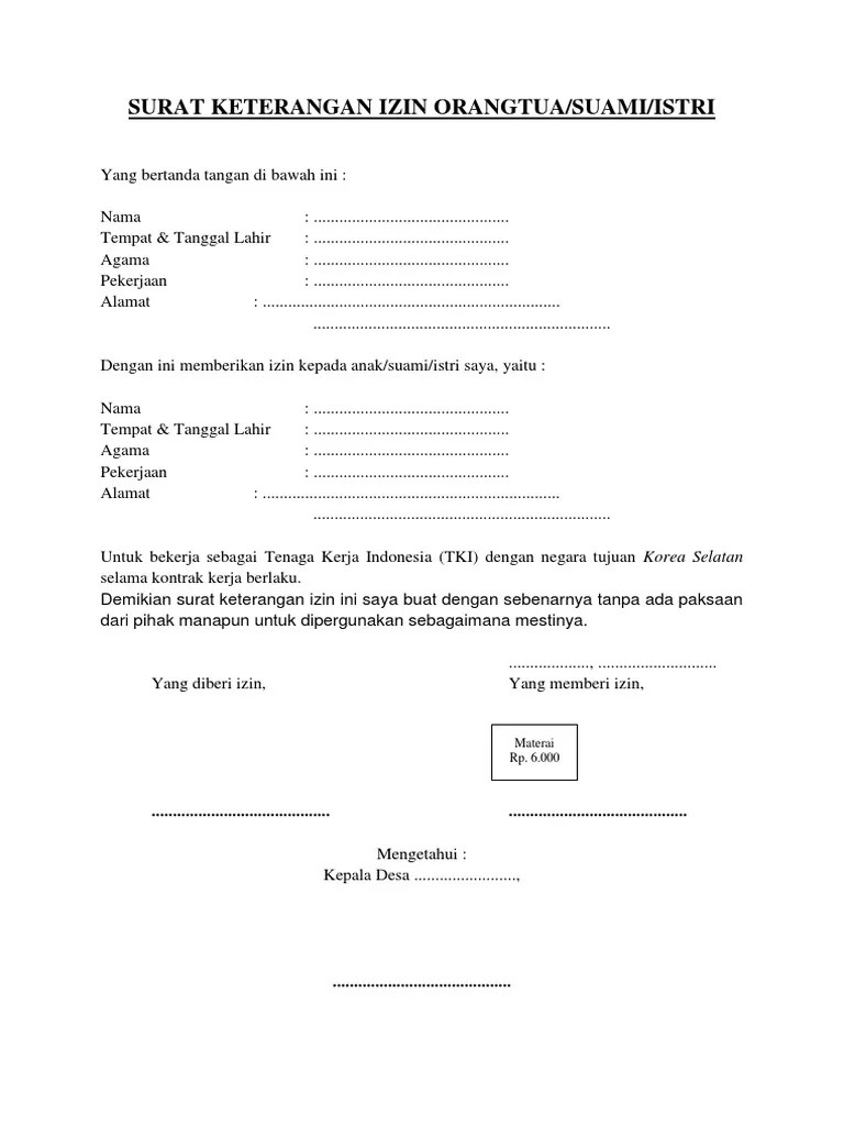 Contoh surat izin kerja shift malam dari orang tua contoh seputar surat. Surat Pernyataan Ijin Orangtua Atau Suami Istri Pdf
