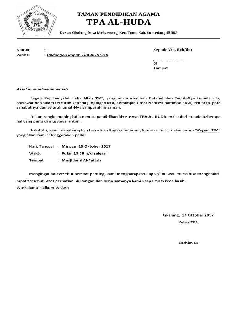 Contoh surat undangan rapat untuk . Surat Undangan Wali Murid Pdf