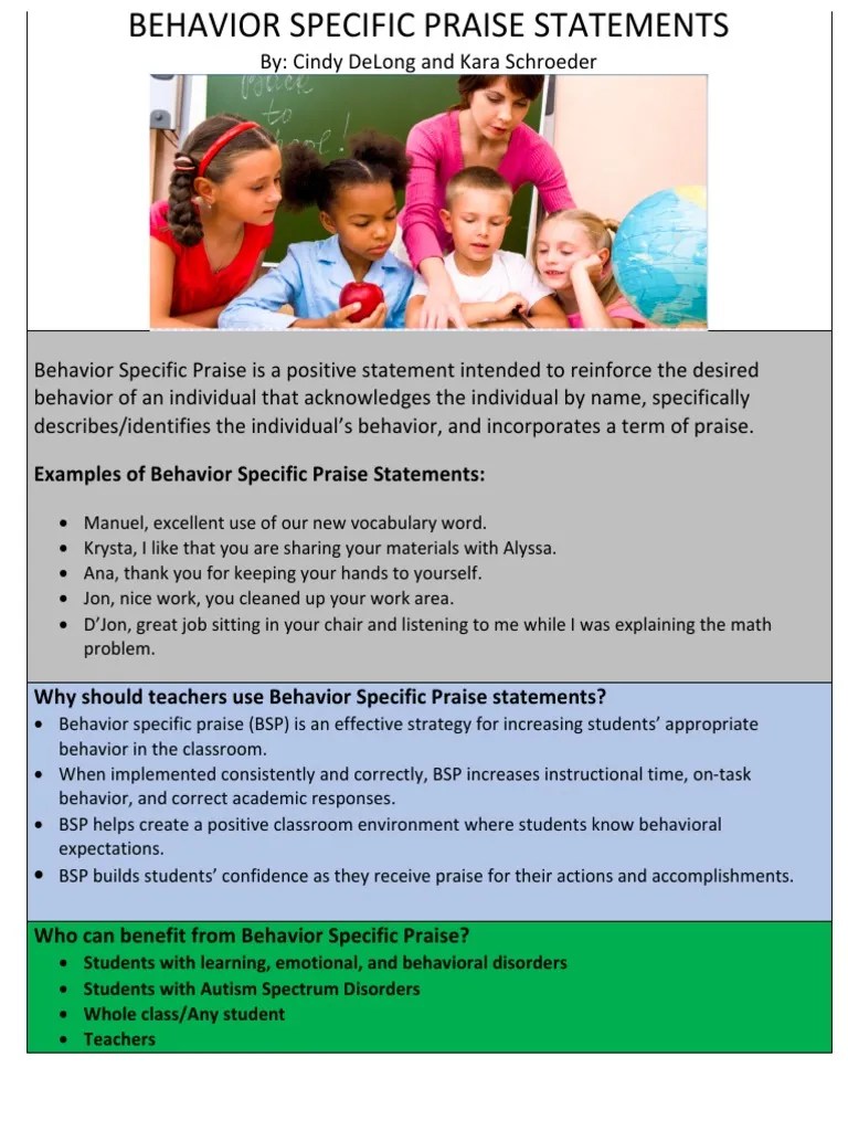 Behavior Specific Praise Statements Handout | PDF | Reinforcement ...