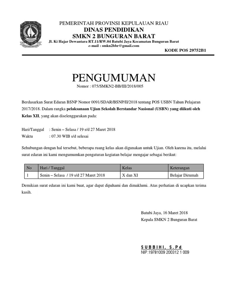 Surat Libur Sekolah Contoh Surat 