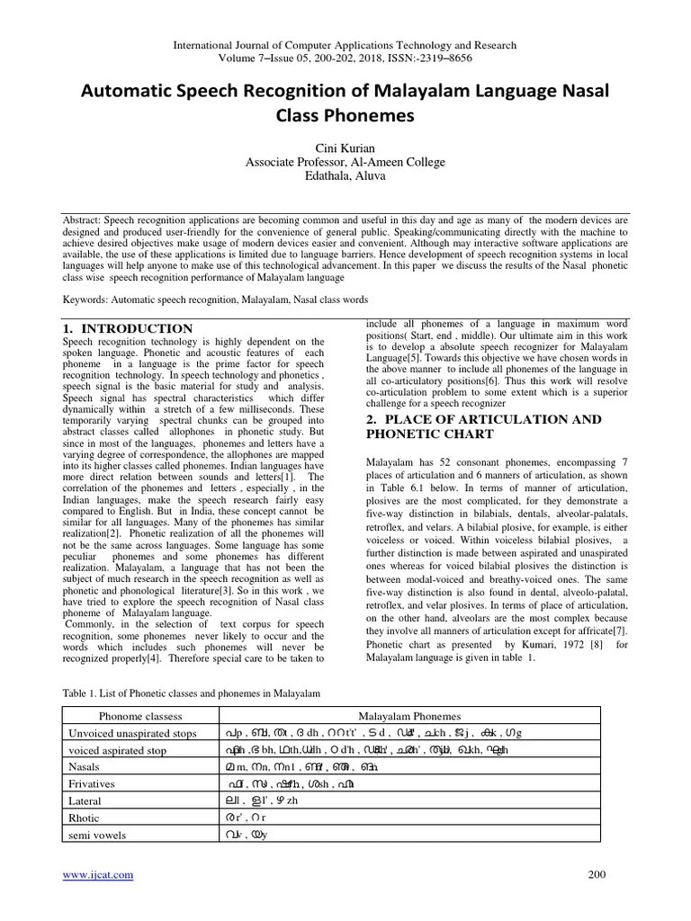 Automatic Speech Recognition Of Malayalam Language Nasal Class Phonemes | PDF | Phoneme | Speech ...