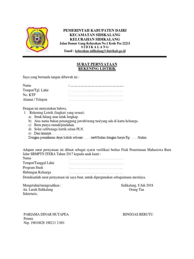 (wajib diisi dengan no telepon yang aktif). Surat Pernyataan Rekening Listrik Pdf