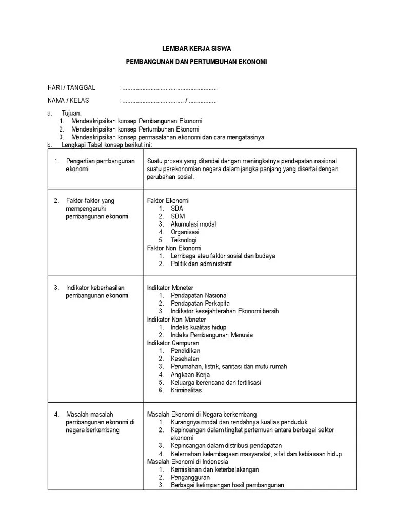 Lembar Kerja Siswa 1 Pembangunan Dan Pertumbuhan Ekonomi (Kunci Jawaban) |  PDF