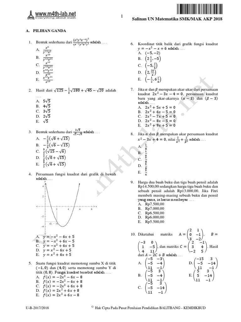 Berikut ini merupakan soal (disertai pembahasan) simulasi i un matematika jurusan psp tingkat smk/sederajat yang penulis arsipkan sebagai . Contoh Soal Un Matematika Smk Akuntansi Dan Pembahasannya