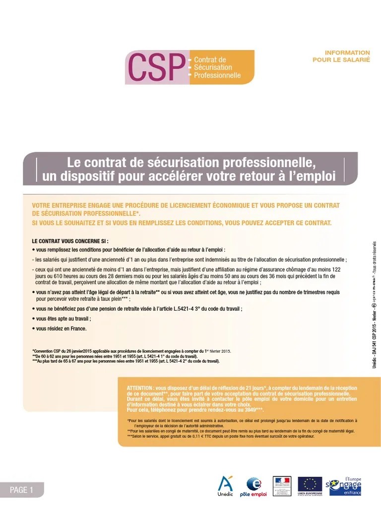 Le bénéficiaire du csp a droit au versement de l&#x27;allocation de sécurisation professionnelle (asp). Contrat Aide Pole Emploi
