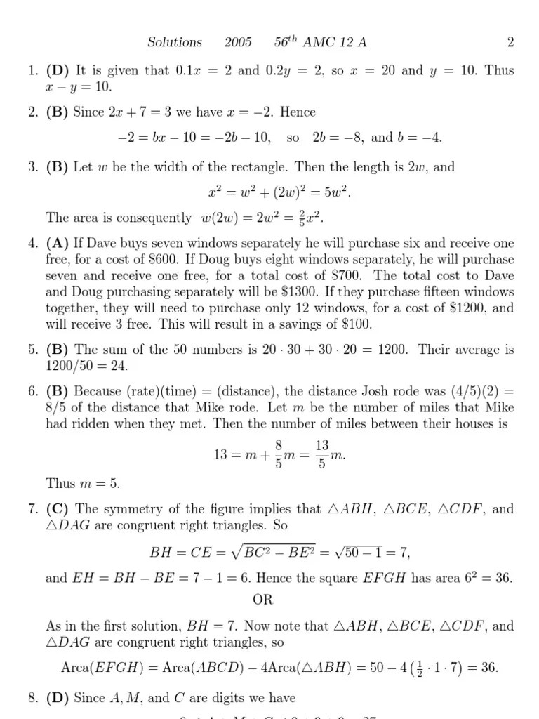 2005 AMC 12A Solutions | PDF | Sphere | Area