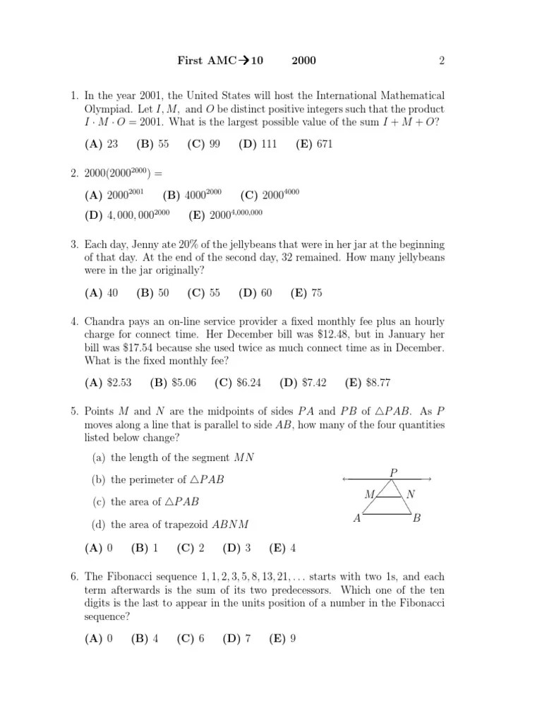 2000 AMC 10 Problems | PDF | Elementary Mathematics | Geometry