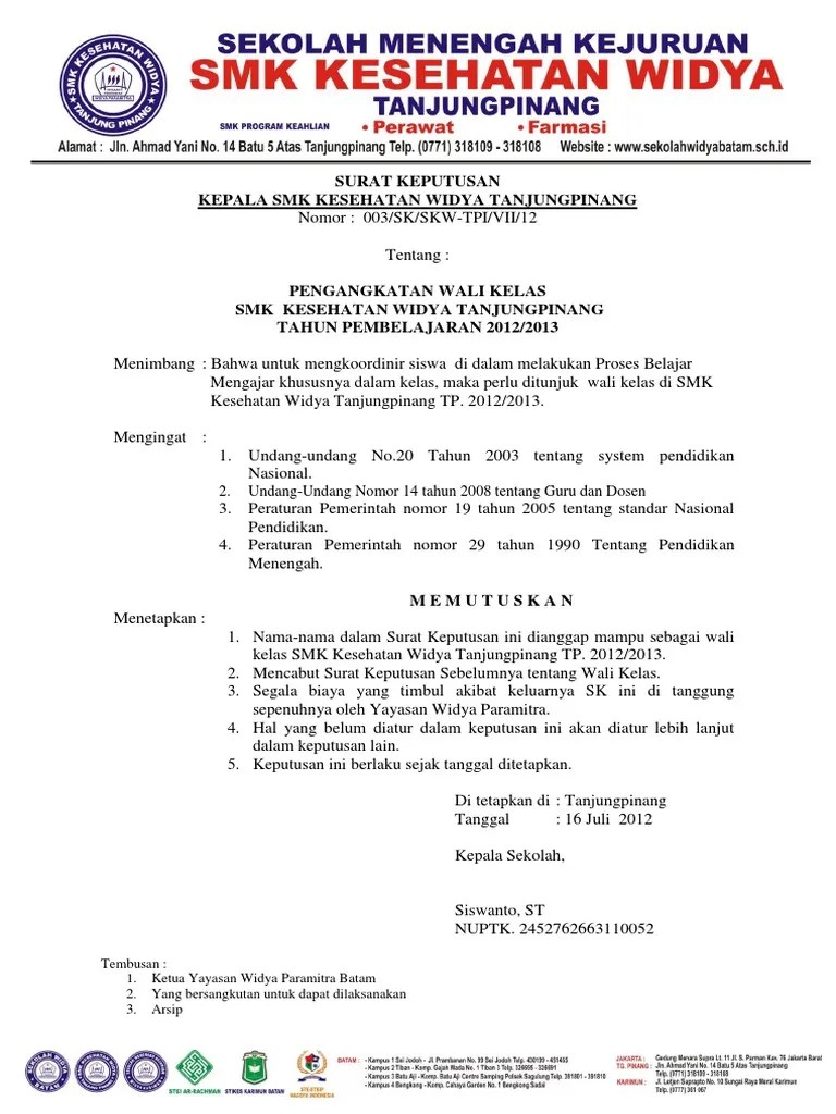 Sk Wali Kelas Pdf Menetapkan Keputusan tentang pembagian tugas mengajar dan tugas tambahan guru.