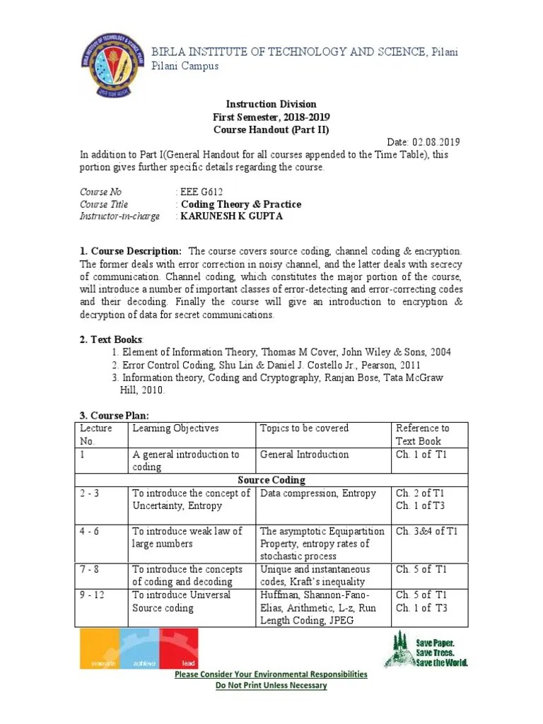 Coding Theory Course Outline | PDF | Forward Error Correction | Low Density Parity Check Code
