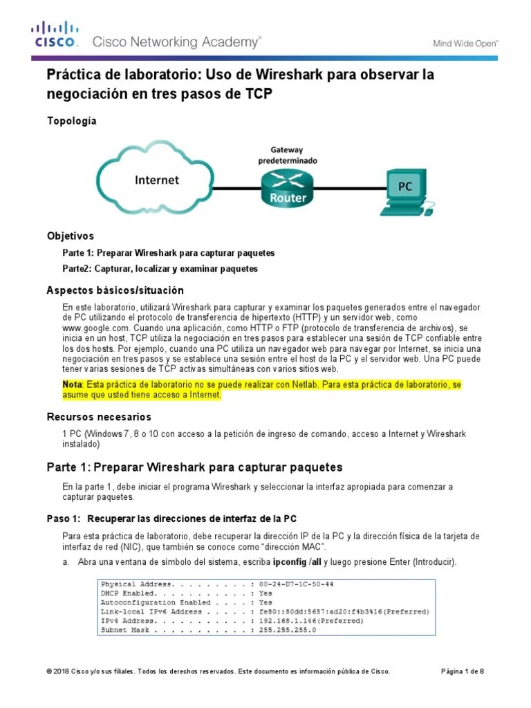 9.2.1.6 Lab - Using Wireshark To Observe The TCP 3-Way Handshake ...