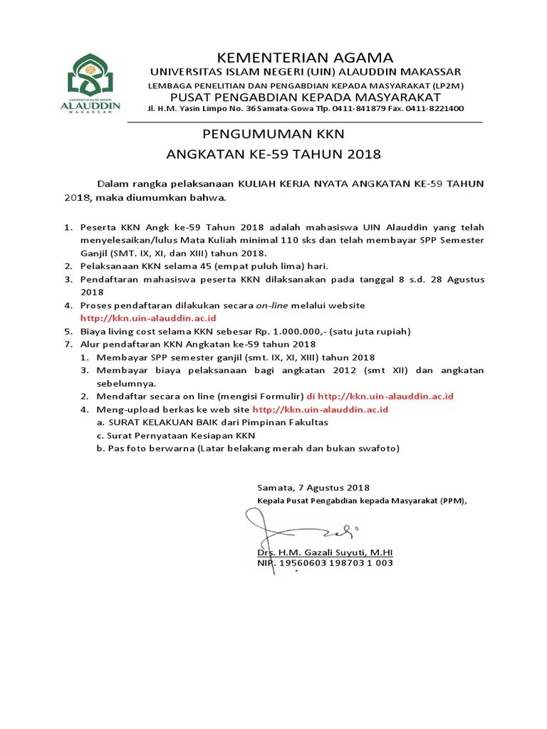 Bebas kuliah, mengisi fakta integritas, membuat surat keterangan . Uin Alauddin Makassar 719573976 Pengumuman Pendaftran Kkn59 Pdf