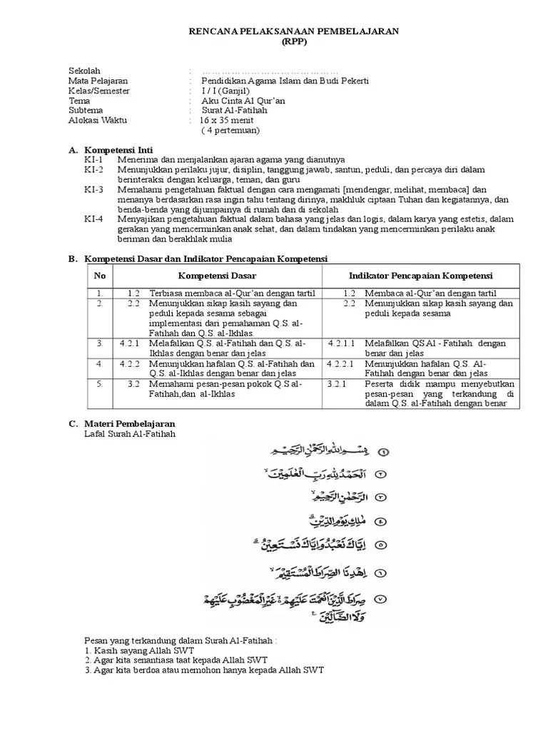 3 RPP Kls 1 Aku Cinta Alquran Afatihah | PDF