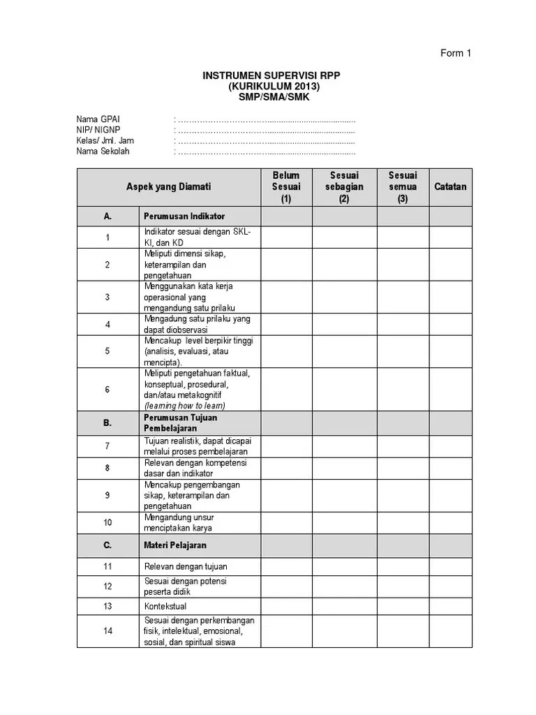 Instrumen Supervisi Guru Pai K. 13 Terbaru Ok | PDF