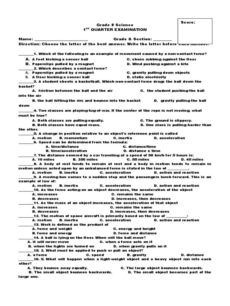 Grade 8 Science 1st Quarter Suative TEst | Inertia | Force