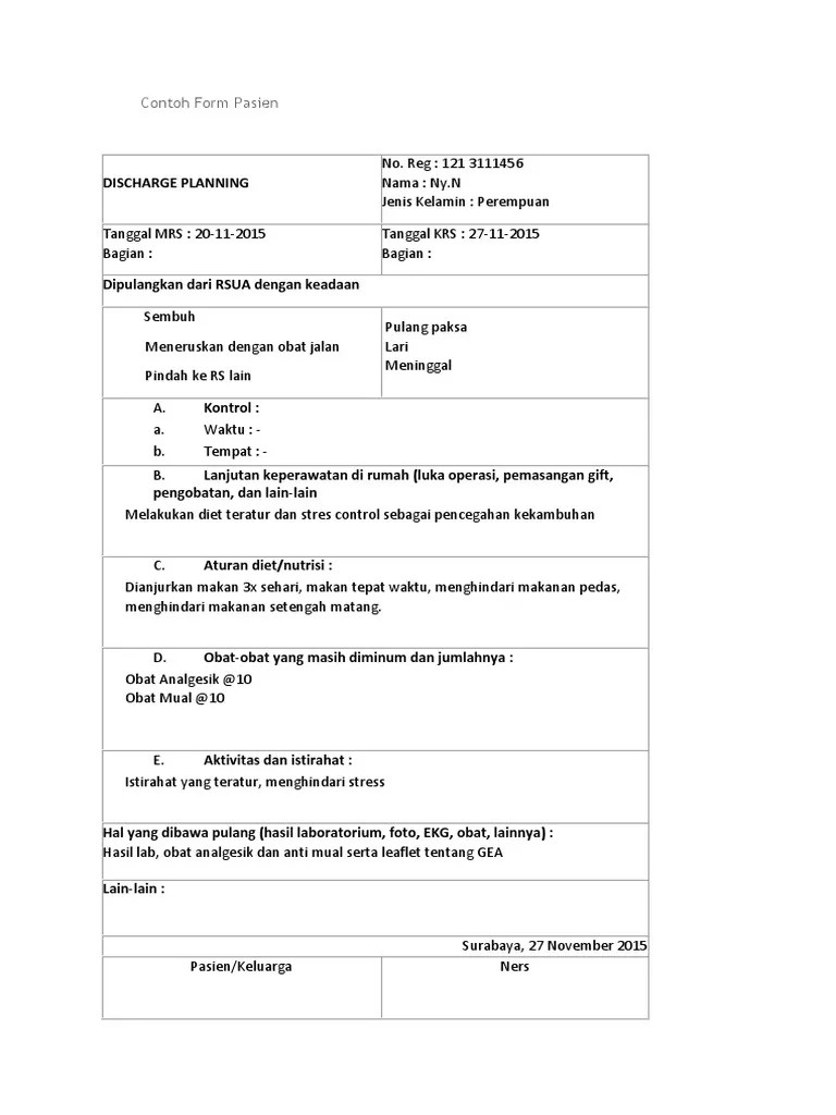 Skenario discharge planning peran dokter :i made eris setiawan (1102105024) kepala ruangan : Discharge Planning Format Pdf
