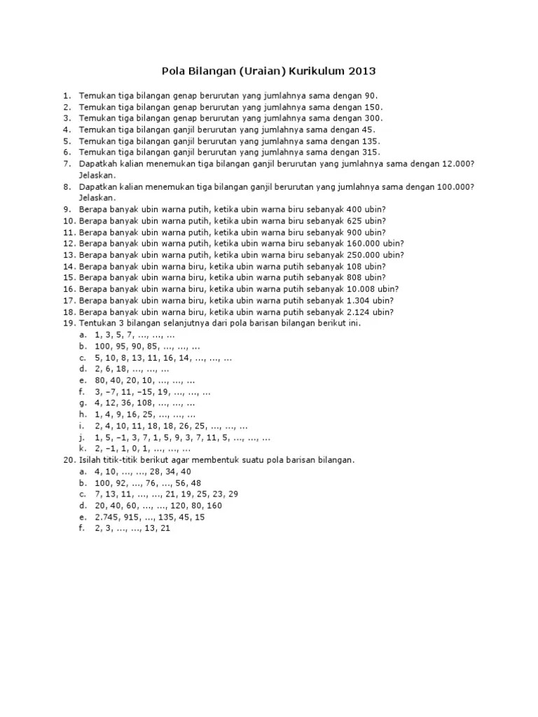 Temukan 3 bilangan ganjil berurutan yang jumlah nya sama dengan 45. Pola Bilangan Uraian K13 Pdf