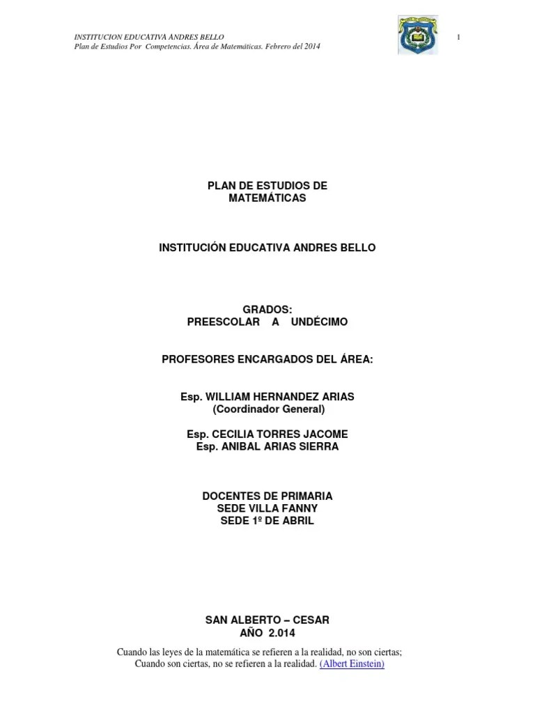 Plan De Estudios De Matemáticas Para La Institución Educativa Andrés ...