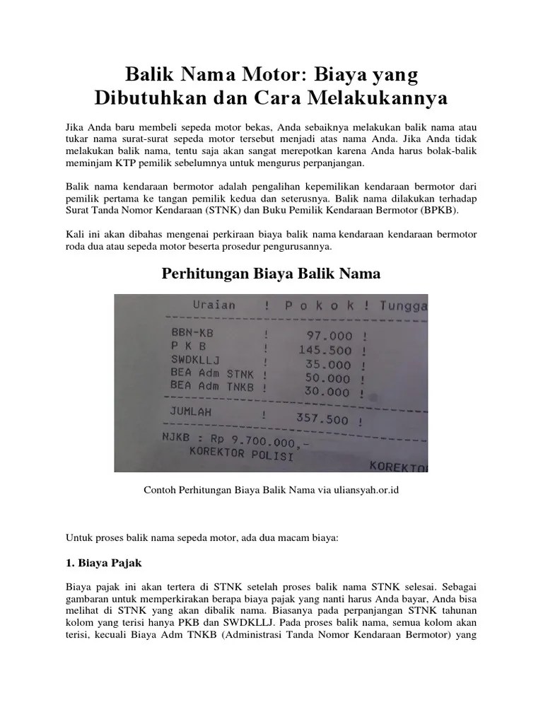 Uang muka sudah termasuk untuk biaya yang tertera dibawah ini: Balik Nama Motor Sim Online Pdf