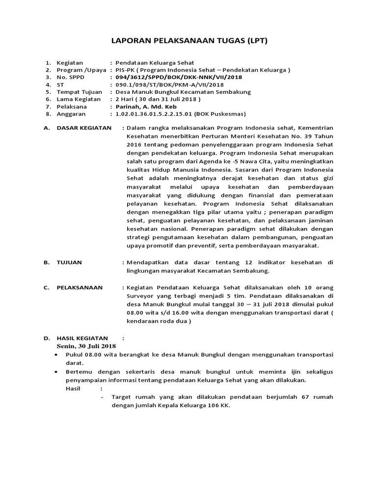 Laporan program indonesia sehat dengan pendataan keluarga sehat. Laporan Pelaksanaan Tugas Pdf